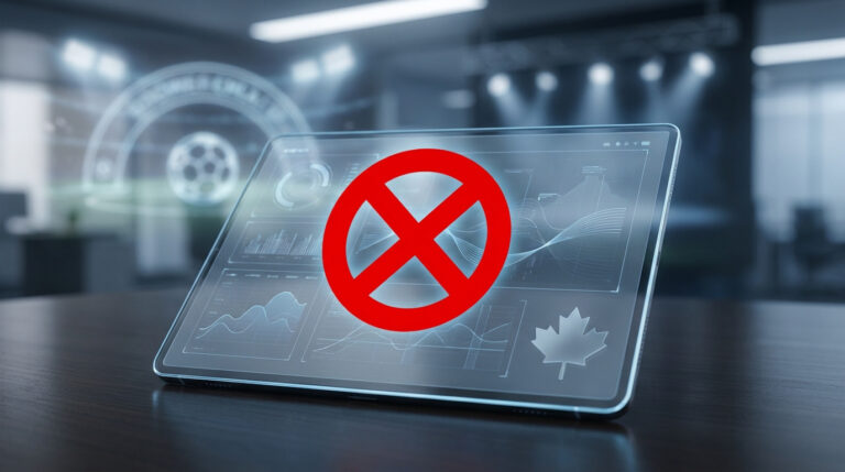 Interdiction des marchés de prédiction au Canada : les règles Une tablette numérique affichant un symbole d'interdiction rouge sur des graphiques financiers avec une feuille d'érable.