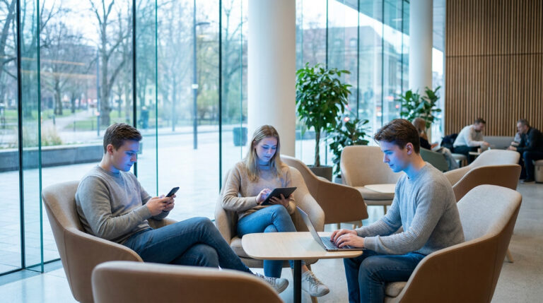 Trois jeunes adultes assis dans un salon moderne, absorbés par leurs smartphones, tablette et ordinateur portable.