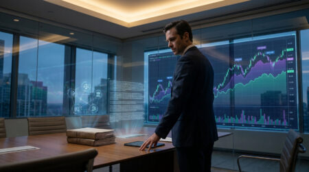 Trump Jr. et les marchés de prédiction : lobbying et enjeux Un homme en costume analyse des graphiques financiers et des données numériques holographiques dans un bureau moderne.