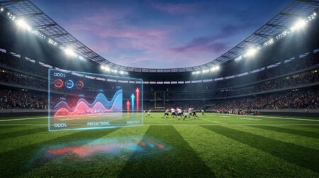 Cotes Super Bowl 61 : analyse des favoris de la semaine 1 Stade de football américain illuminé avec une interface numérique holographique affichant des graphiques de cotes.