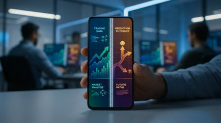 Règles publicité TikTok prédiction : trading ou pari ? Main tenant un smartphone affichant un comparatif graphique entre les données de trading et les résultats de prédiction.