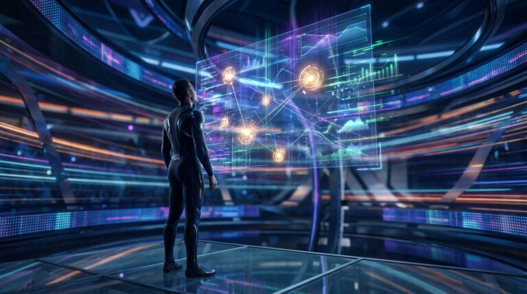 Un homme en combinaison futuriste observe une interface holographique de données financières dans un environnement technologique.