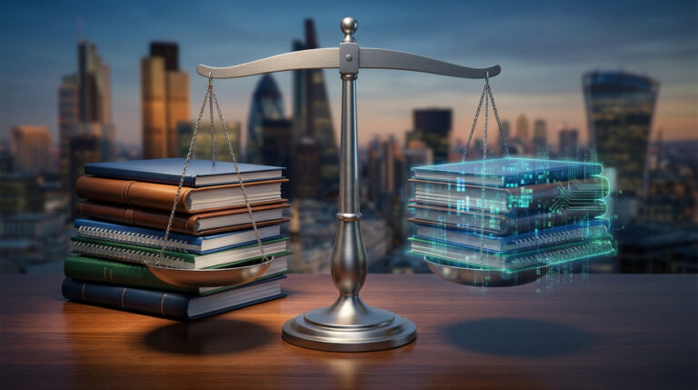 Procès Evolution AB à Los Angeles : un défi de transparence Une balance de justice équilibrant des livres physiques et des livres numériques sur fond de paysage urbain.