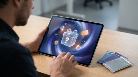 Règles card breaks TikTok : les Surprise Sets obligatoires Un utilisateur touche une tablette affichant un cadeau avec un point d'interrogation sur un fond tourbillonnant.