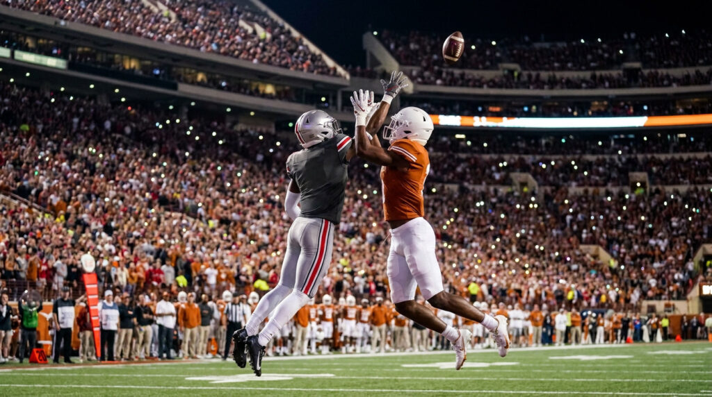 Un joueur d'Ohio State et un joueur de Texas sautent pour attraper un ballon de football américain sous les projecteurs.