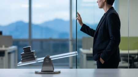 Amende Fanatics et auto-exclusion : la sanction du Colorado Une personne en costume observe une balance en équilibre avec des jetons dans un bureau moderne.