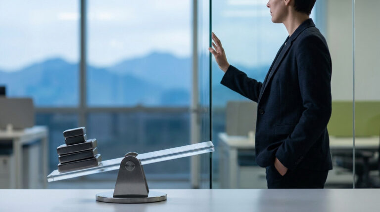 Une personne en costume observe une balance en équilibre avec des jetons dans un bureau moderne.