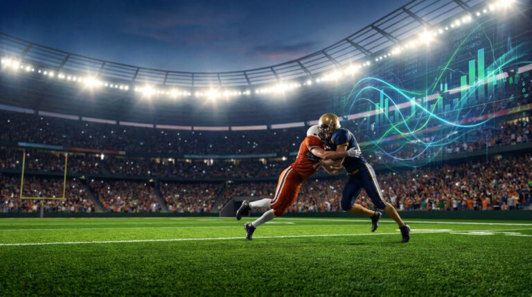 Pronostic Syracuse Pitt : analyse des cotes et paris ACC Deux joueurs de football américain en plein plaquage dans un stade avec des graphiques de statistiques numériques.