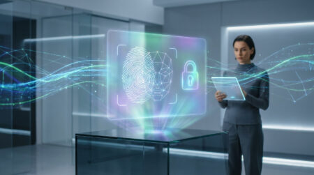 Identité numérique jeux ligne : sécurisez vos accès en 2026 Une femme utilisant une tablette face à un hologramme de sécurité biométrique avec empreinte digitale et visage.