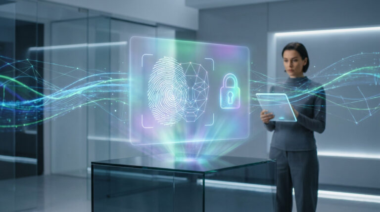 Une femme utilisant une tablette face à un hologramme de sécurité biométrique avec empreinte digitale et visage.