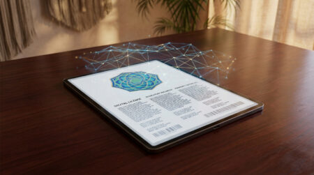 Licence stake curaçao : les doutes sur la propriété réelle Tablette affichant un document de licence numérique avec une structure réseau holographique au-dessus sur une table en bois.