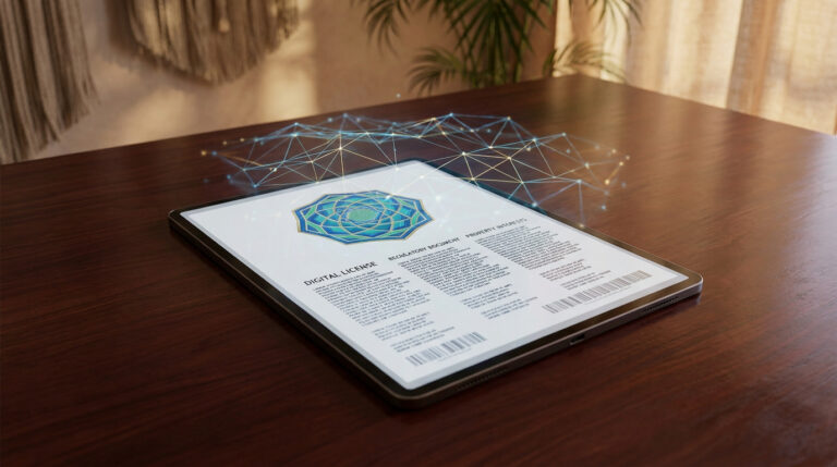 Tablette affichant un document de licence numérique avec une structure réseau holographique au-dessus sur une table en bois.