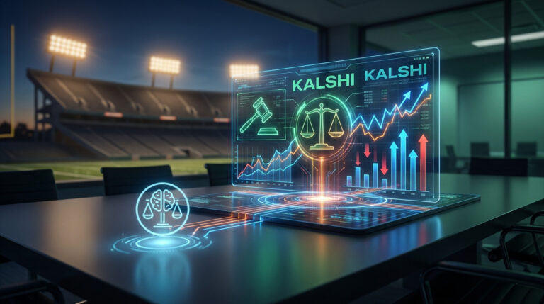 Interface holographique affichant des données financières et une balance de justice sur une table de réunion face à un stade.