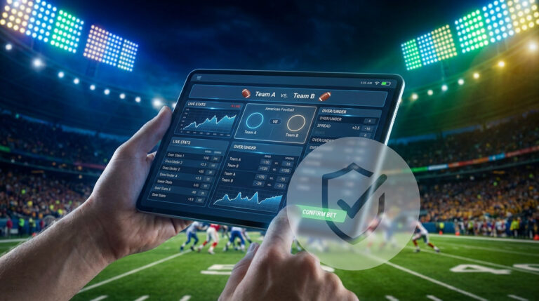 Mains tenant une tablette affichant des statistiques de football américain avec une icône de bouclier de sécurité.