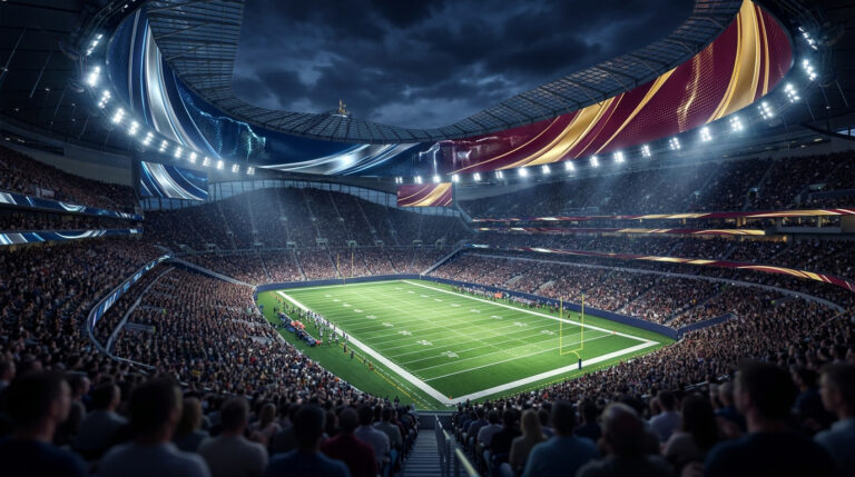 Vue panoramique d'un stade de football américain bondé la nuit avec des jeux de lumière spectaculaires au plafond.