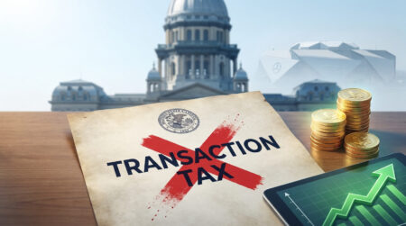 Taxe marchés prédiction Illinois : le projet HB 5811 abrogé Document avec « TRANSACTION TAX » barré, pièces d'or et graphique boursier devant le Capitole de l'Illinois.