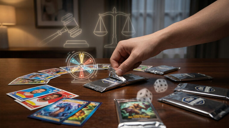 Une main ouvre un paquet de cartes sur une table avec des dés, une roue de loterie et des icônes de justice en arrière-plan.