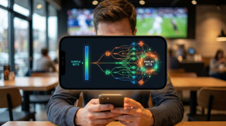Évolution habitudes paris NFL : l’essor des combinés Un homme regarde son smartphone affichant un schéma illustrant la transition des paris simples vers les paris combinés.
