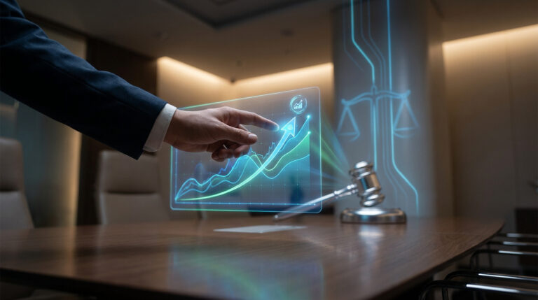 Réglementation marchés prédiction : le tournant en Illinois Une main interagissant avec une interface numérique montrant des graphiques financiers et une balance de justice virtuelle.