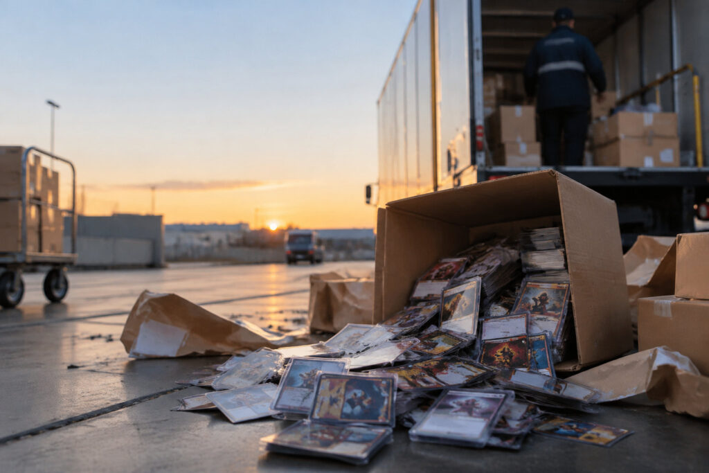 Boîte de cartes à collectionner renversée sur le sol devant un camion de livraison FedEx au lever du soleil.