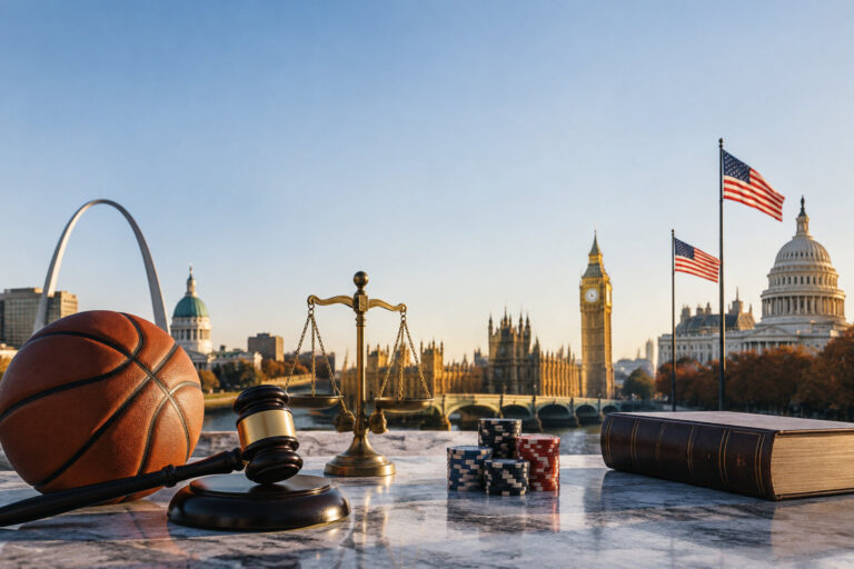 La NBA resserre ses règles sur les paris, le Missouri contesté en justice Un ballon de basket, un marteau de juge, une balance et des jetons de poker devant l'arche de St. Louis et le Capitole.