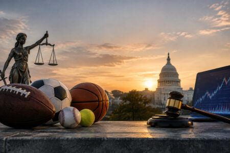 Statue de la justice, ballons de sport, marteau de juge et graphique boursier devant le Capitole au coucher du soleil.
