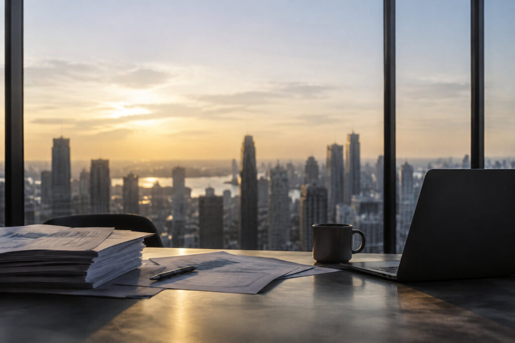 Un bureau avec un ordinateur portable, des documents et une tasse de café face à une vue panoramique sur Manhattan.