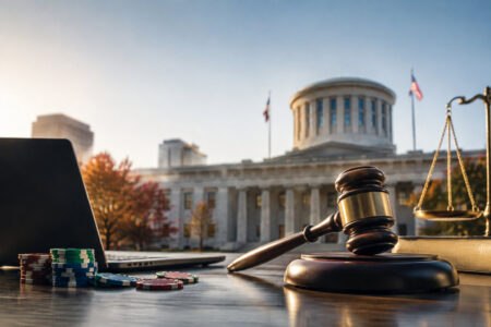 Un maillet de juge et des jetons de poker devant le capitole de l'État de l'Ohio.