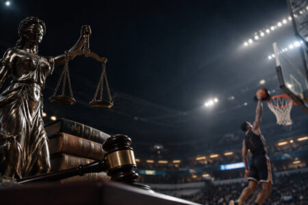 La CFTC engage des poursuites contre l’Utah pour protéger les marchés prédictifs, tandis que la NBA officialise ses partenariats Statue de la Justice, livres et marteau devant un joueur de basket faisant un dunk dans un stade.