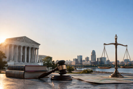 Un marteau de juge, des livres et une balance de justice devant le bâtiment de la Cour suprême au coucher du soleil.
