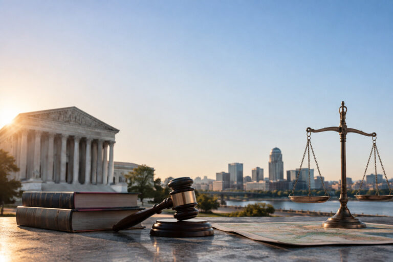 Un marteau de juge, des livres et une balance de justice devant le bâtiment de la Cour suprême au coucher du soleil.