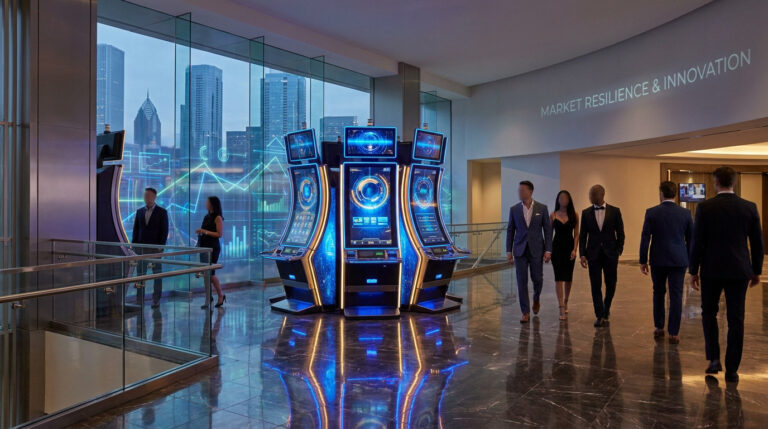 Marché des jeux de hasard aux USA : bilan et perspectives 2026 Des professionnels en tenue de ville devant des machines à sous futuristes et des graphiques financiers projetés.