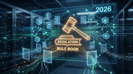 Une interface numérique futuriste affichant un marteau de juge au-dessus d'un livre de règles avec l'année 2026.
