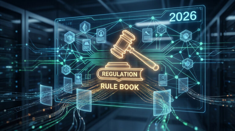 Réglementation casinos sweepstakes 2026 : un cadre en mutation Une interface numérique futuriste affichant un marteau de juge au-dessus d'un livre de règles avec l'année 2026.